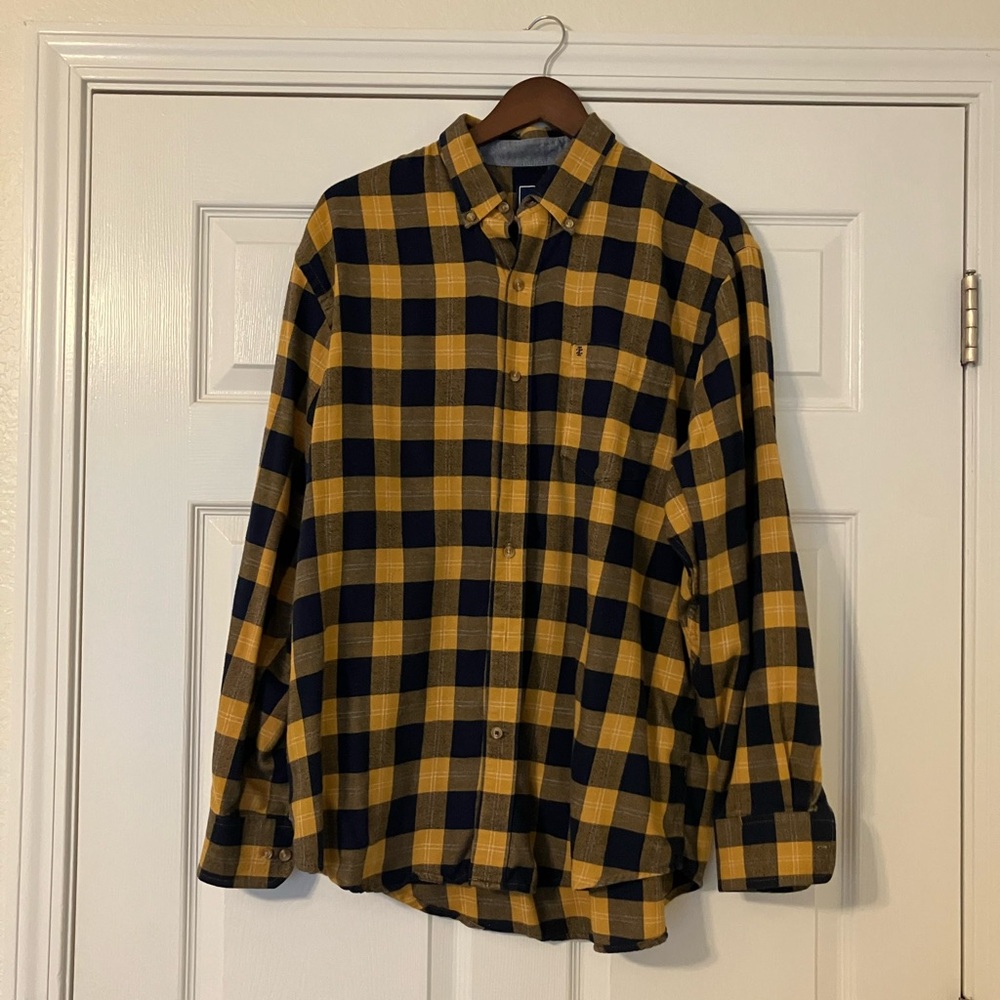 IZOD Yellow and Navy Checkered Shirt Mens Size Large